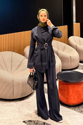 Navy Blue Crew Neck Long Arm Crepe Fabric Regular Trousers Comfortable Suit