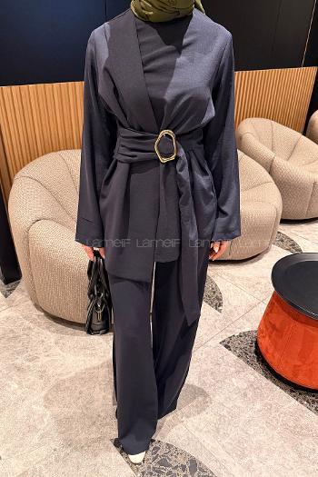 Navy Blue Crew Neck Long Arm Crepe Fabric Regular Trousers Comfortable Suit