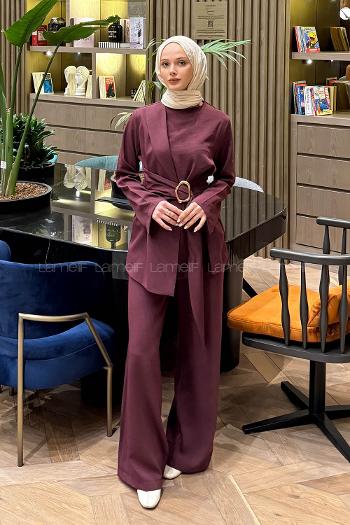 Plum Crew Neck Long Arm Crepe Fabric Regular Trousers Comfortable Suit