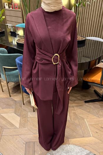 Plum Crew Neck Long Arm Crepe Fabric Regular Trousers Comfortable Suit