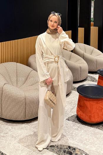 Stone Crew Neck Long Arm Crepe Fabric Regular Trousers Comfortable Suit