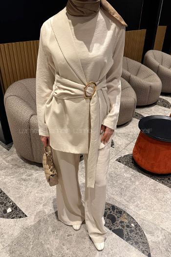 Stone Crew Neck Long Arm Crepe Fabric Regular Trousers Comfortable Suit