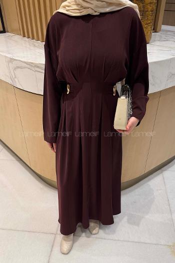 Lamelif Aksesuar Detaylı Tesettür Elbise Bordo