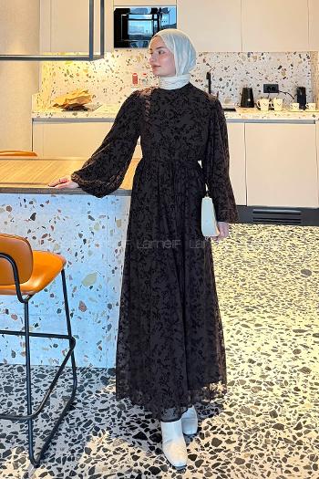 Lamelif Balon Kol Çiçek Baskılı Elbise Acı Kahve