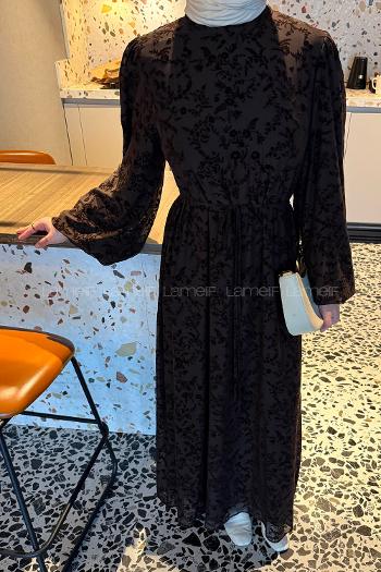 Lamelif Balon Kol Çiçek Baskılı Elbise Acı Kahve