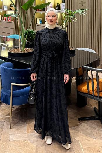 Lamelif Balon Kol Çiçek Baskılı Elbise Siyah