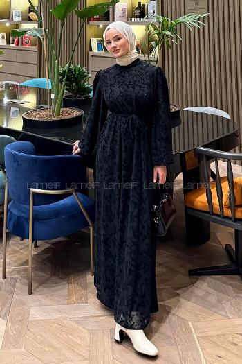 Lamelif Balon Kol Çiçek Baskılı Elbise Siyah