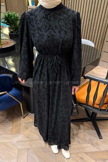 Lamelif Balon Kol Çiçek Baskılı Elbise Siyah