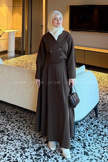 Brown V Neck Long Arm Polyester Flared Skirt Suit