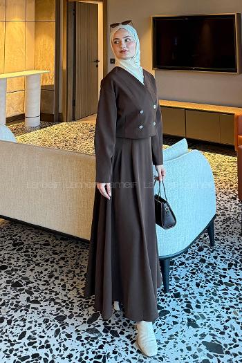 Brown V Neck Long Arm Polyester Flared Skirt Suit