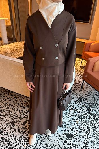Brown V Neck Long Arm Polyester Flared Skirt Suit