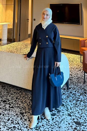 Navy Blue V Neck Long Arm Polyester Flared Skirt Suit