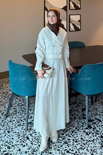 Stone V Neck Long Arm Polyester Flared Skirt Suit