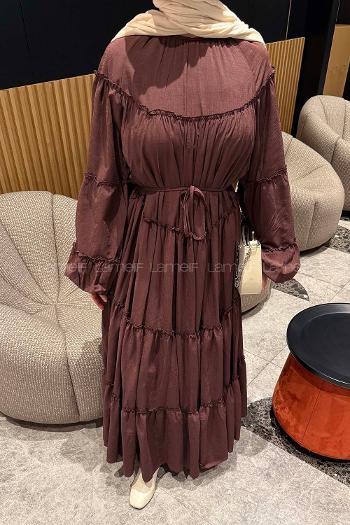 Lamelif Fırfır Detaylı Tesettür Elbise Acı Kahve