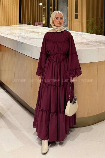 Lamelif Fırfır Detaylı Tesettür Elbise Patlıcan Moru