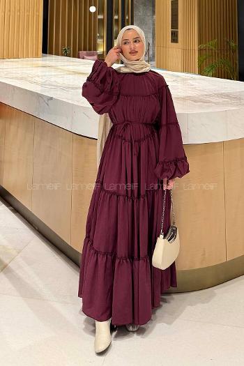 Lamelif Fırfır Detaylı Tesettür Elbise Patlıcan Moru