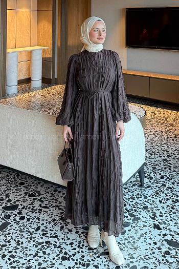 Lamelif Gipeli Modal Tesettür Elbise Acı Kahve