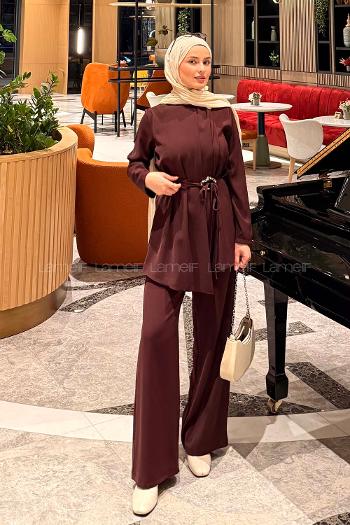 Lamelif Gold Toka Detaylı Tesettür Takım Bordo