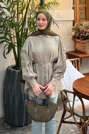 Lamelif Kol Fırfırlı Tesettür Gömlek Haki