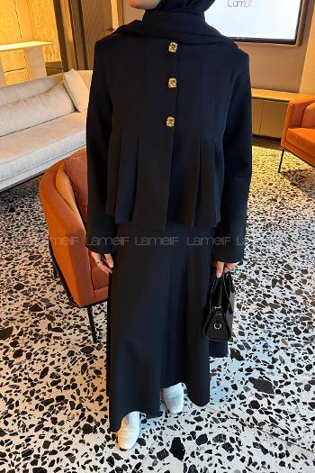 Black Crew Neck Long Arm Polyester Pleated Suit