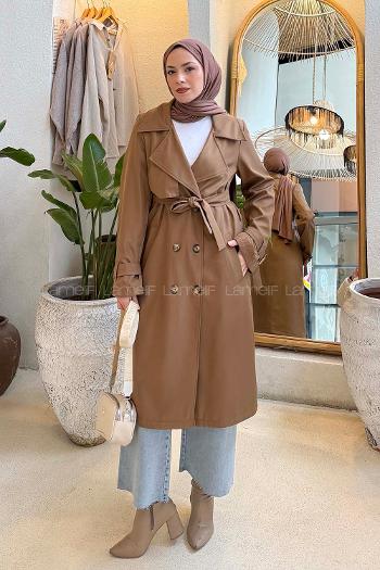 Lamelif Klasik Kuşaklı Trenç Soft Taba