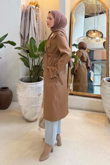 Lamelif Klasik Kuşaklı Trenç Soft Taba