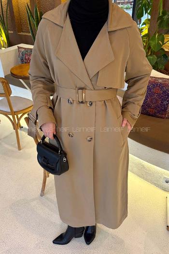 Lamelif Kol Kemerli Trençkot Camel