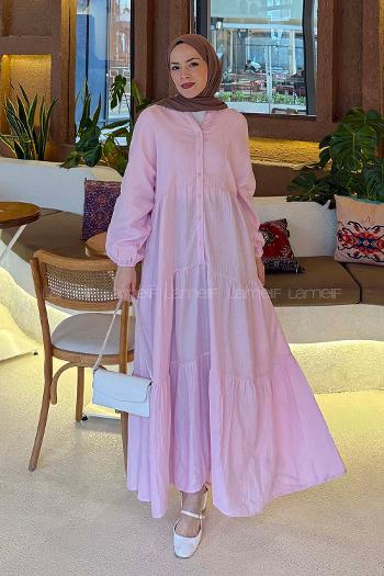 Lamelif Ön Yarım Düğme Detaylı Müslin Kumaş Tesettür Elbise Pembe