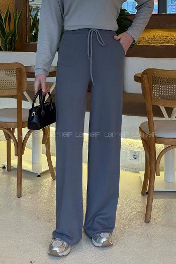 Lamelif Örgü Kumaş Geniş Paça Eşofman Gri