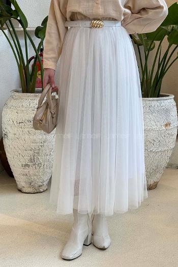 Lamelif Pileli Kemerli Tül Etek Beyaz