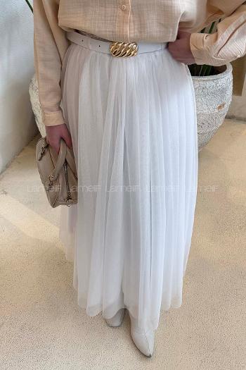 Lamelif Pileli Kemerli Tül Etek Beyaz