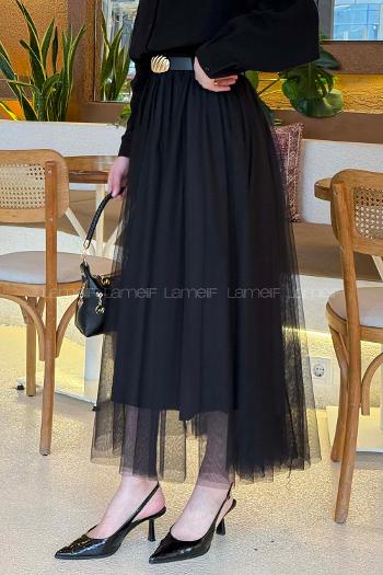Lamelif Pileli Kemerli Tül Etek Siyah