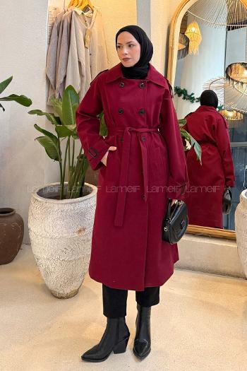 Lamelif Reglan Kol Düğmeli Trenç Bordo