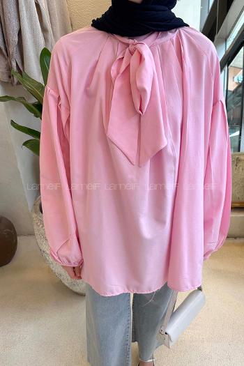Lamelif Yaka Fular Detaylı Gömlek Şeker Pembesi