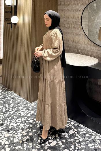 Lamelif Biritli Tesettür Elbise Bej