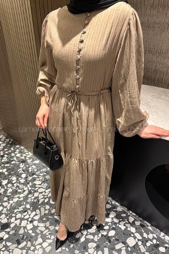 Lamelif Biritli Tesettür Elbise Bej