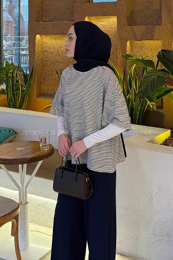 Lamelif Çizgili T-shirt Ekru