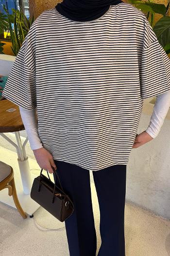 Lamelif Çizgili T-shirt Ekru