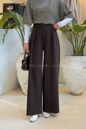 Lamelif Dökümlü Palazzo Pantolon Acı Kahve