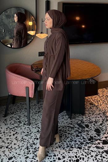 Lamelif Düğme Detaylı Bohem İkili Takım Acı Kahve