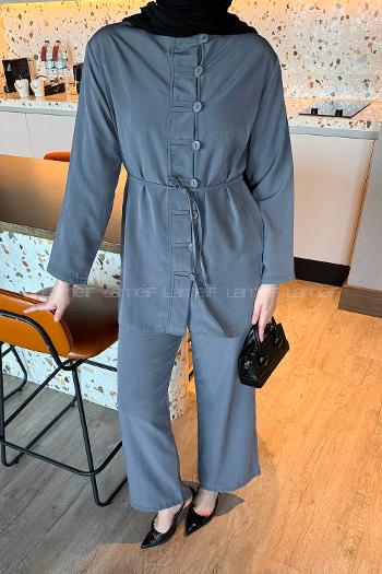 Lamelif Düğme Detaylı Bohem İkili Takım Gri