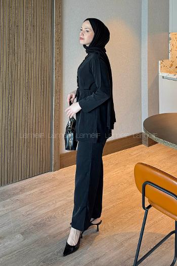 Lamelif Düğme Detaylı Bohem İkili Takım Siyah