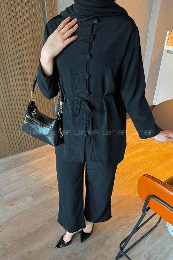 Lamelif Düğme Detaylı Bohem İkili Takım Siyah