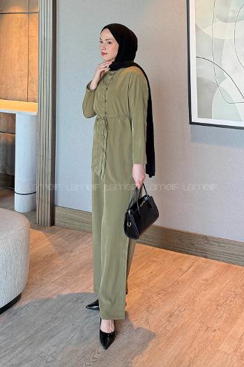 Lamelif Düğme Detaylı Bohem İkili Takım Yağ Yeşili