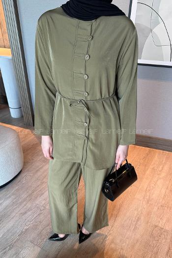 Lamelif Düğme Detaylı Bohem İkili Takım Yağ Yeşili