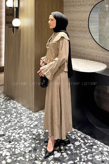 Beige Loose Crew Neck Long Arm Cotton Flare Suit