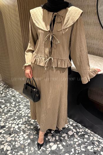 Beige Loose Crew Neck Long Arm Cotton Flare Suit