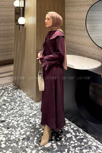 Plum Loose Crew Neck Long Arm Cotton Flare Suit