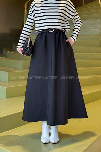 Lamelif Kemerli Kloş Etek Siyah