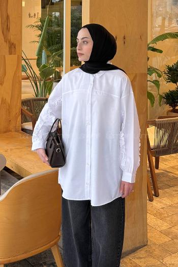 White Shirt Collar Long Arm Cotton Polyester Shirt